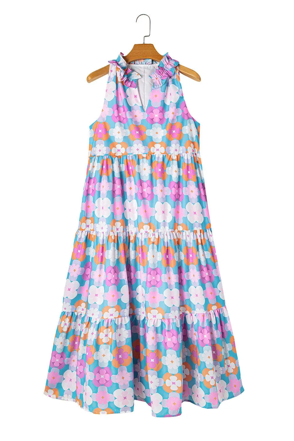 Sky Blue 60s Flower Split Neck Sleeveless Tiered Maxi Dress