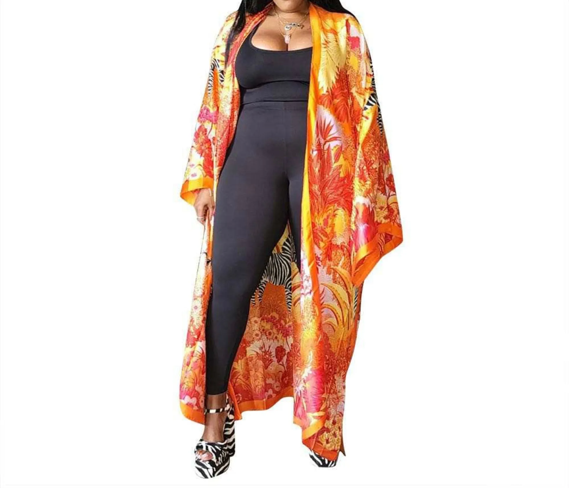 Soft Silky Vivid Plus Size Long Elegant Oversized Floor Length Lightweight Open Front Coverup Kimono Duster Robe, 
SEXY ZEBRA