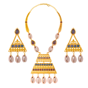 Unique Boho 22k Gold Necklace Earrings Set With Cowrie Shells