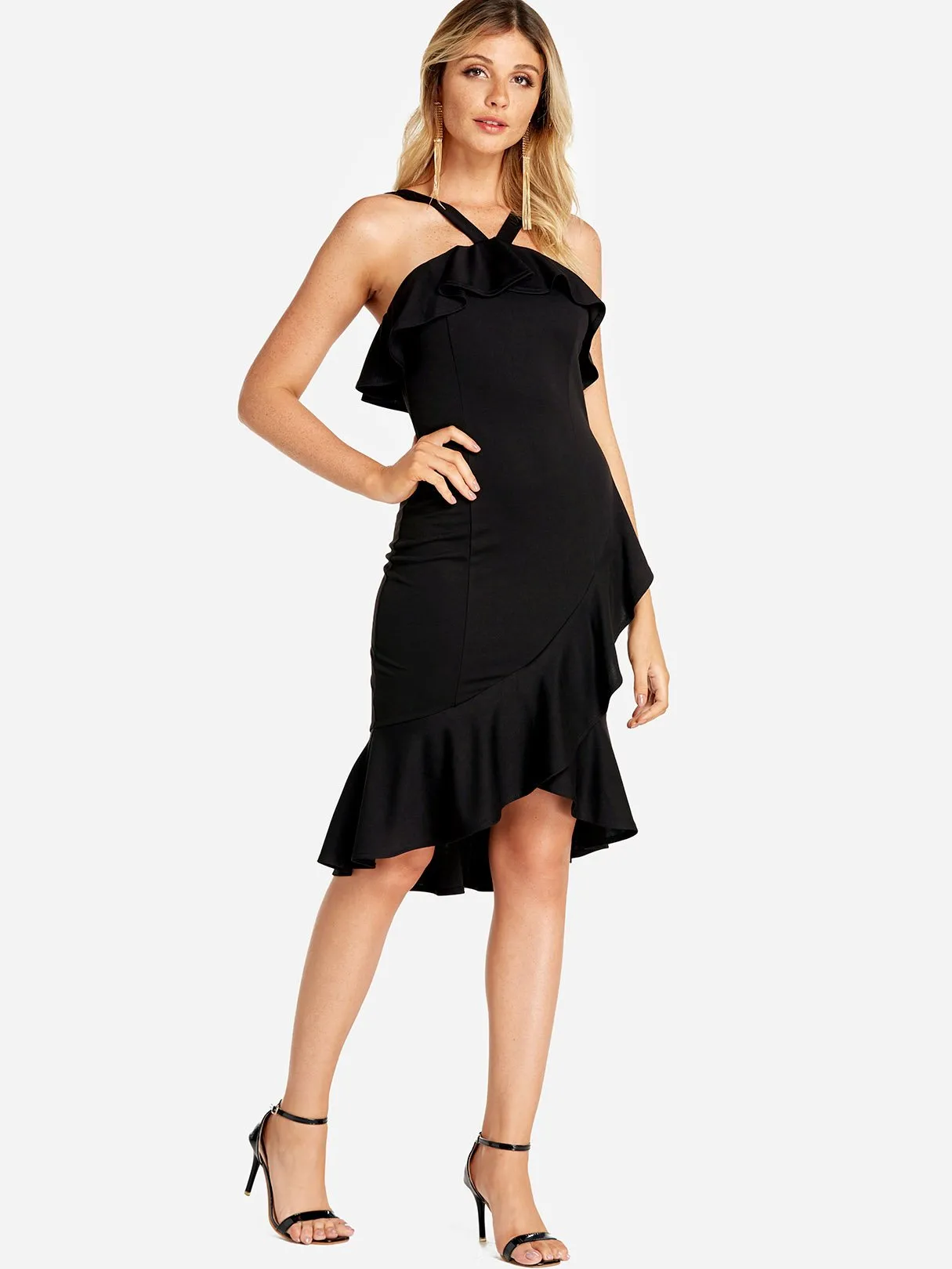 Wholesale Black Halter Sleeveless Flounced Hem Mini Dress