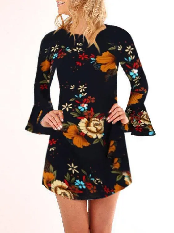 Wholesale Black Long Sleeve Round Neck Floral Print Mini Dresses