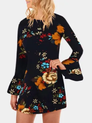 Wholesale Black Long Sleeve Round Neck Floral Print Mini Dresses