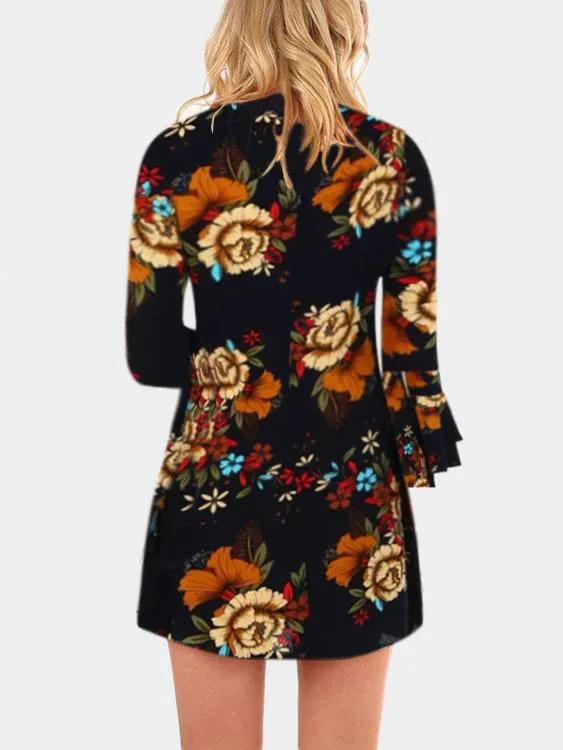 Wholesale Black Long Sleeve Round Neck Floral Print Mini Dresses