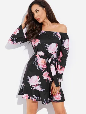 Wholesale Black Off The Shoulder Long Sleeve Floral Print Self-Tie Mini Dress