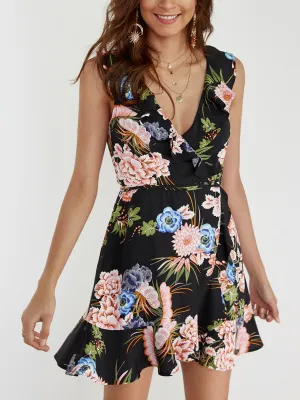 Wholesale Black V-Neck Sleeveless Floral Print Wrap Mini Dress