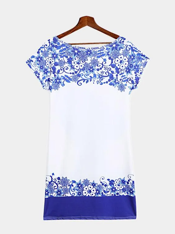 Wholesale Round Neck Short Sleeve Floral Print Flounced Hem Mini Dresses