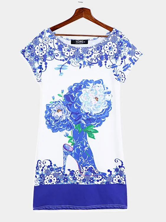 Wholesale Round Neck Short Sleeve Floral Print Flounced Hem Mini Dresses