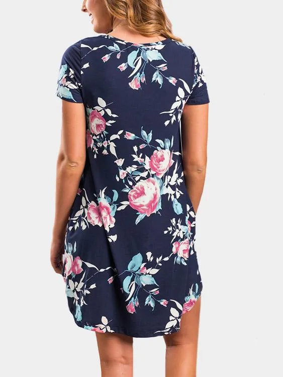 Wholesale Round Neck Short Sleeve Floral Print Side Pockets Mini Dresses