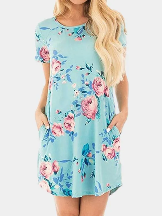 Wholesale Round Neck Short Sleeve Floral Print Side Pockets Mini Dresses