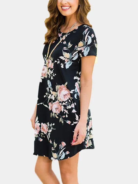 Wholesale Round Neck Short Sleeve Floral Print Side Pockets Mini Dresses