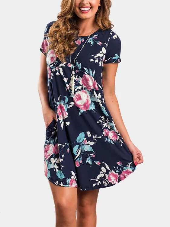 Wholesale Round Neck Short Sleeve Floral Print Side Pockets Mini Dresses