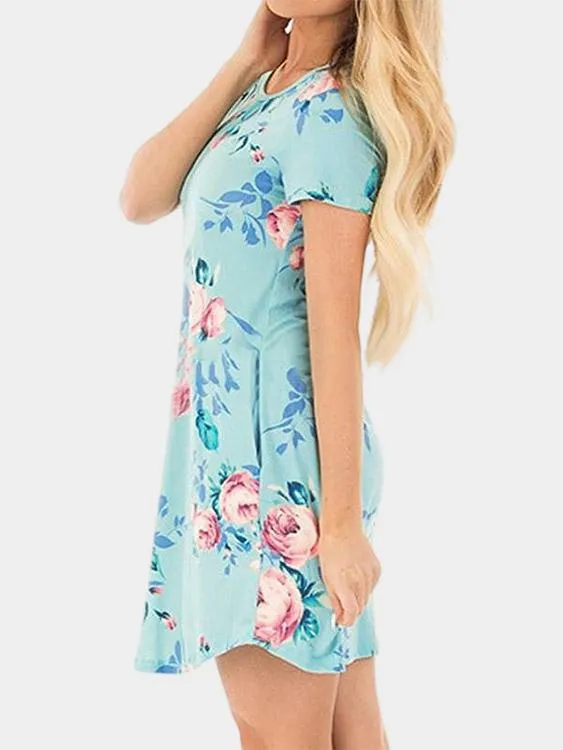 Wholesale Round Neck Short Sleeve Floral Print Side Pockets Mini Dresses