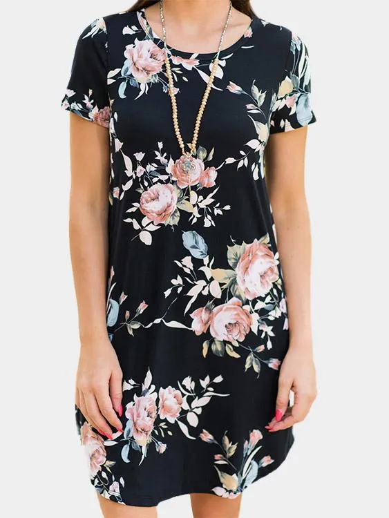 Wholesale Round Neck Short Sleeve Floral Print Side Pockets Mini Dresses