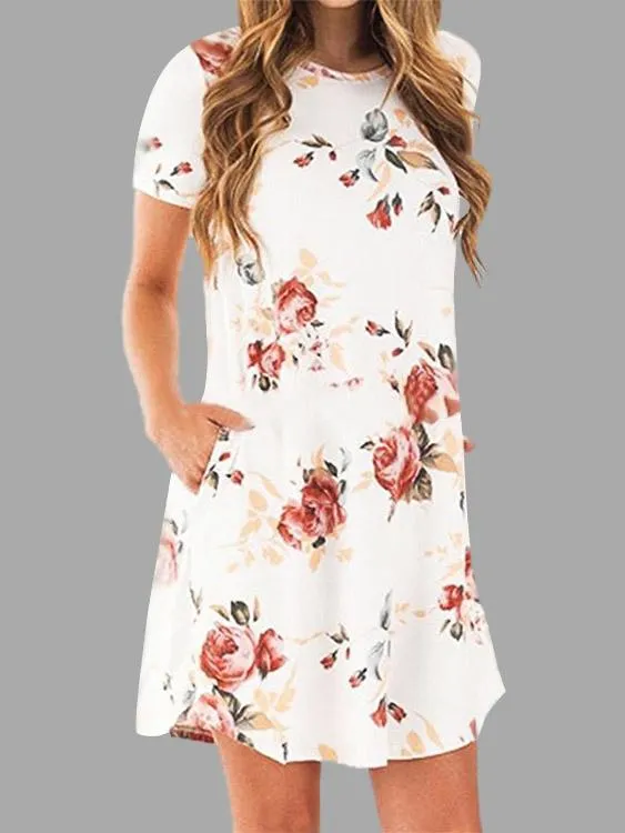 Wholesale Round Neck Short Sleeve Floral Print Side Pockets Mini Dresses