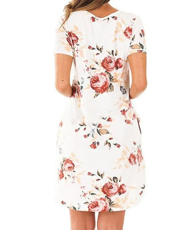 Wholesale Round Neck Short Sleeve Floral Print Side Pockets Mini Dresses