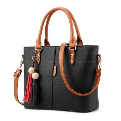 Women Tote Messenger Crossbody Synthetic Faux-Leather Handbag with Red-Black Tassels