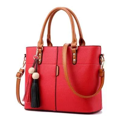 Women Tote Messenger Crossbody Synthetic Faux-Leather Handbag with Red-Black Tassels