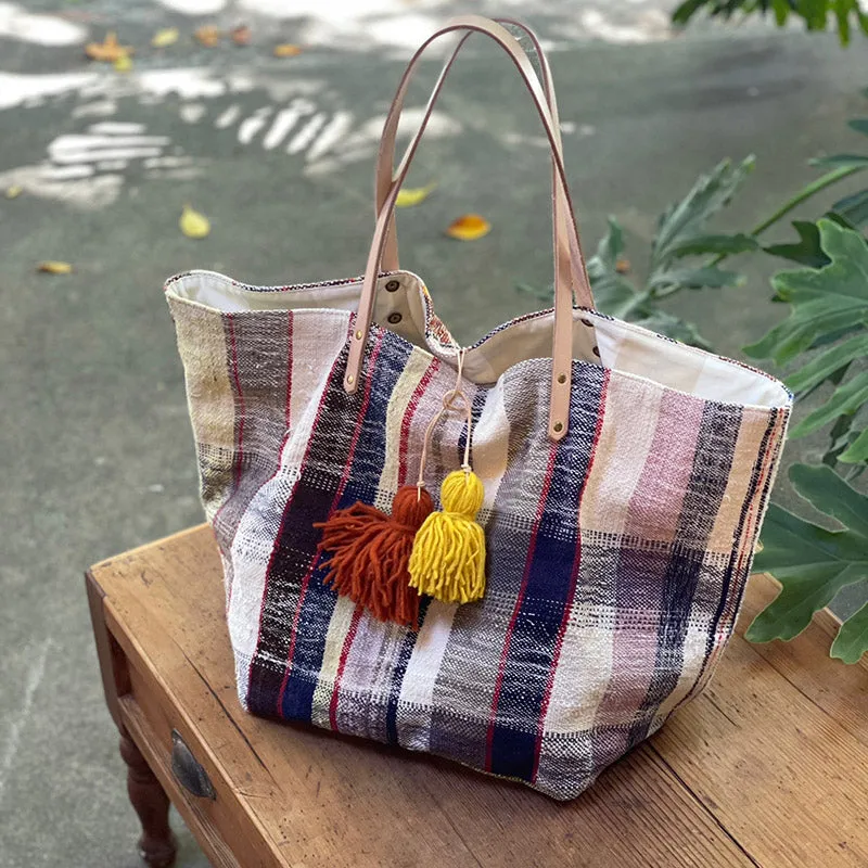 西班牙設計師/Woven Cotton Tote Bag - Yellow/Brown Tassel