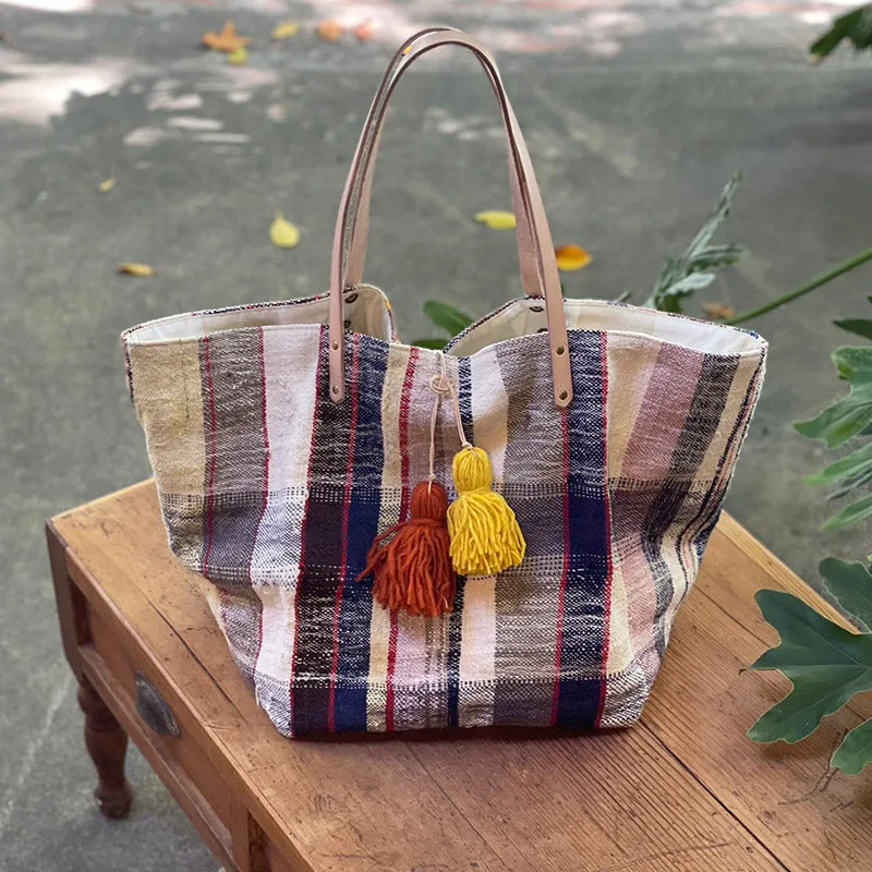 西班牙設計師/Woven Cotton Tote Bag - Yellow/Brown Tassel