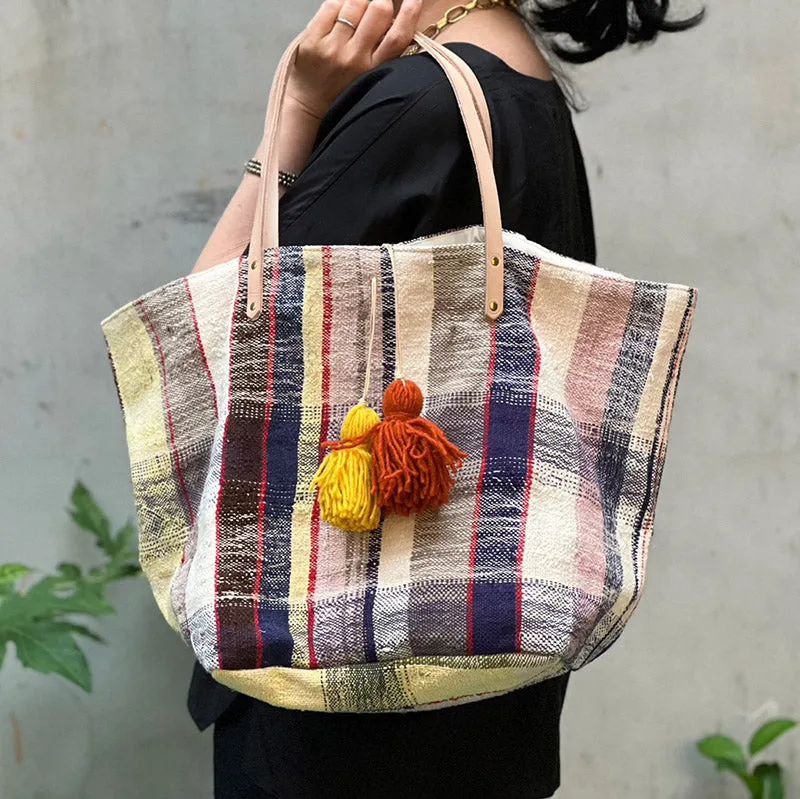 西班牙設計師/Woven Cotton Tote Bag - Yellow/Brown Tassel