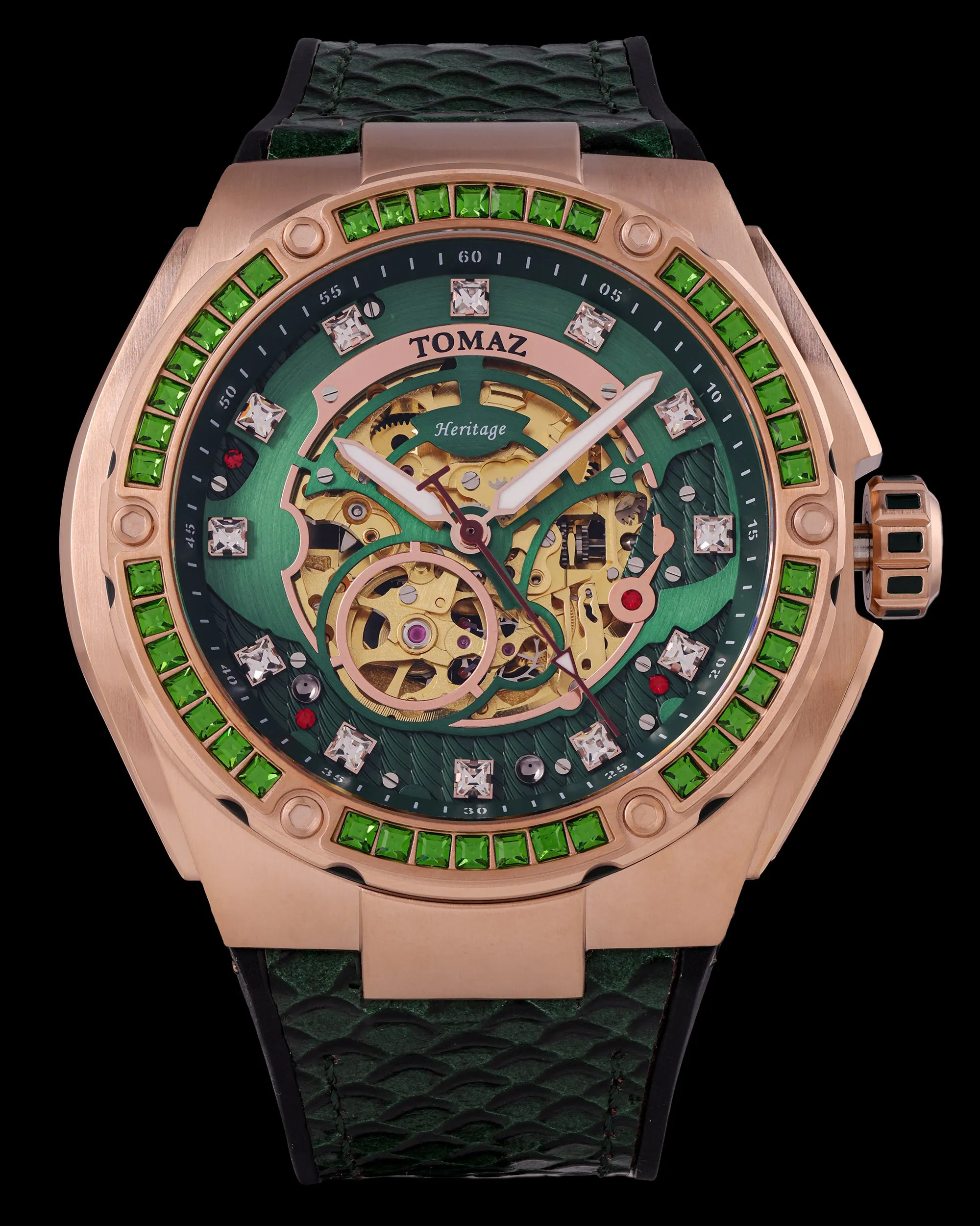 Xavier XL TW033-D15 (Rosegold/Green) with Green Swarovski (Green Leather Strap)